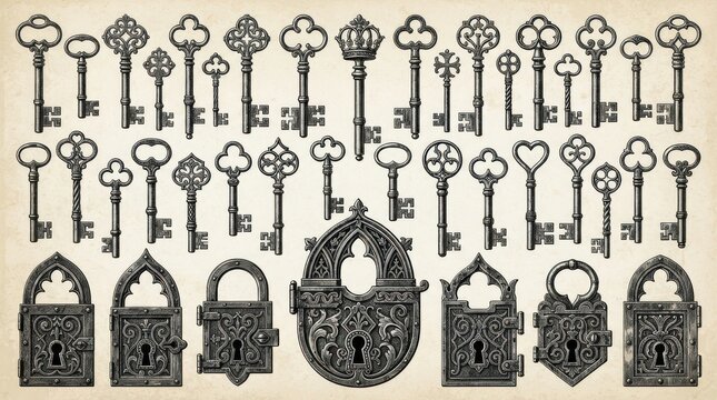 Collection of vintage ornate keys and medieval locks illustration