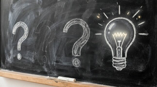 Question marks and glowing light bulb drawn with chalk on blackboard