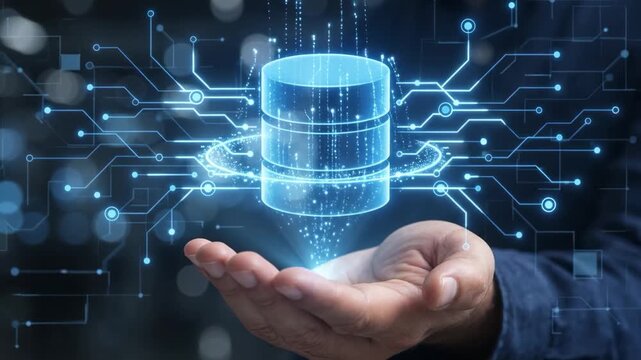 Cloud Database Storage Hologram in Business Hand