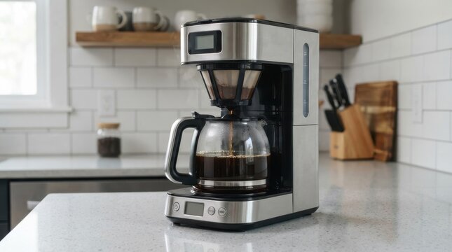 Modern drip coffee maker brewing fresh coffee on kitchen counter