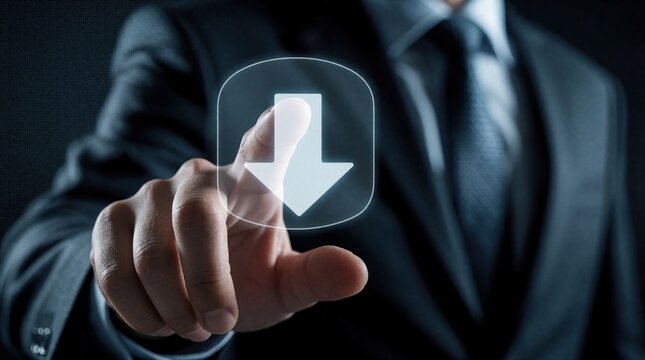 Businessman finger touches digital download icon on virtual touch screen. Man in suit selects downward arrow for file transfer data update. Pro uses high tech interface for online operation, software