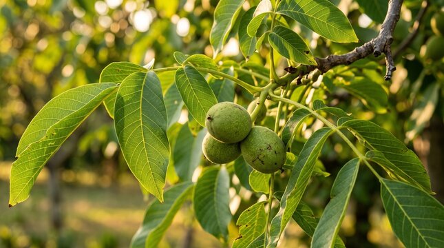 Fresh green walnuts ripening on a tree branch in an orchard