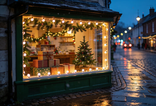 Independent shop window decorated for the holidays at dusk