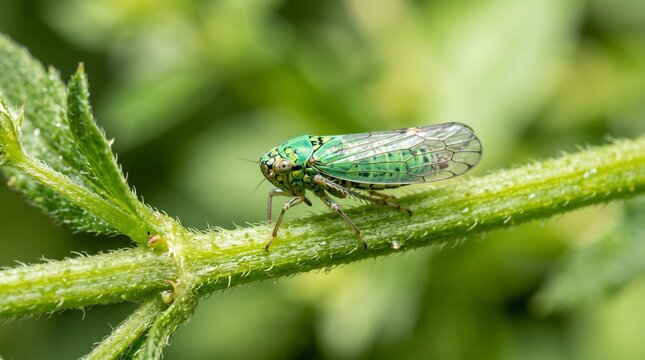Macro shot of a tiny green leafhopper insect on a plant stem