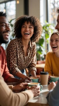 Diverse group of friends laugh sharing coffee at cafe table. People enjoy conversation and drinks, bonding over shared moments in cozy atmosphere, happiness.