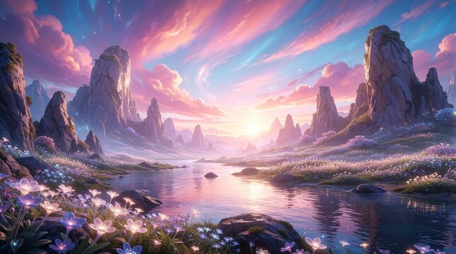 Dreamy valley with glowing plants and majestic peaks. Calm river flows through luminous flowers under pink sky. Fantasy landscape inspires wonder and peacefulness. Nature magic unfolds at dawn.