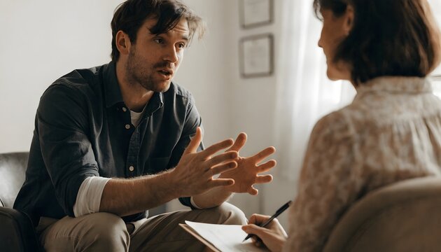 Man Therapy Session Talking Openly Therapist Listening &mdash; Gesturing Hands Therapist Notepad Warm Neutral Room &mdash; Men's Mental Health, Therapy, Emotional Openness & Stigma Breaking Lifestyle