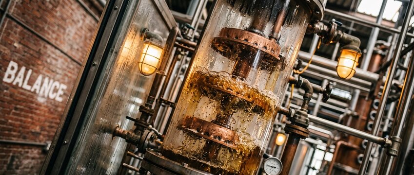 Craft distillery copper still equipment distilling amber whiskey liquid in an industrial brewery setting with pipes and vintage brick wall balance concept, professional craft beverage production.