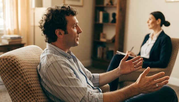 Man Therapy Session Talking Openly Therapist Listening &mdash; Gesturing Hands Therapist Notepad Warm Neutral Room &mdash; Men's Mental Health, Therapy, Emotional Openness & Stigma Breaking Lifestyle