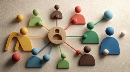 Obraz premium Abstract people icons link together from central wooden figure. Diverse colored figures form network structure showing team connection and digital community interaction on textured background.