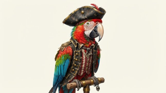 Colorful macaw parrot dressed as a pirate captain wearing a tricorn hat and jacket