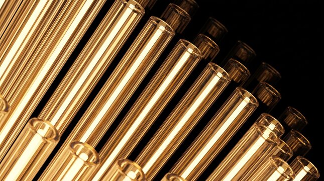 Rows of 3D glass rods rendered in golden light