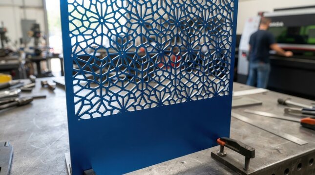 Blue metal laser cut panel with geometric pattern in workshop