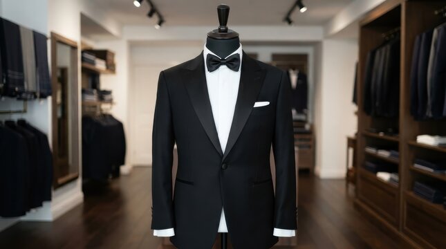 Black tuxedo on mannequin in upscale clothing store