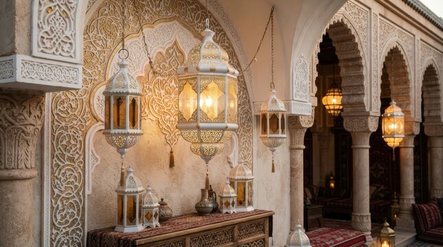 Traditional Arabic lanterns hanging in ornate oriental archway setting