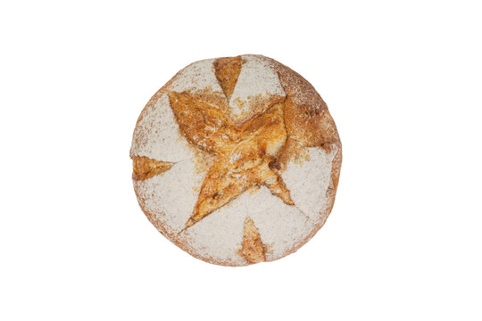 Round loaf of artisan sourdough bread with flour dusting isolated on white background. Perfect for bakery branding, healthy breakfast concepts, and food packaging. Top view.