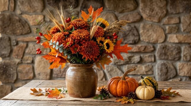 Autumn bouquet of chrysanthemums, sunflowers, and fall leaves in ceramic vase