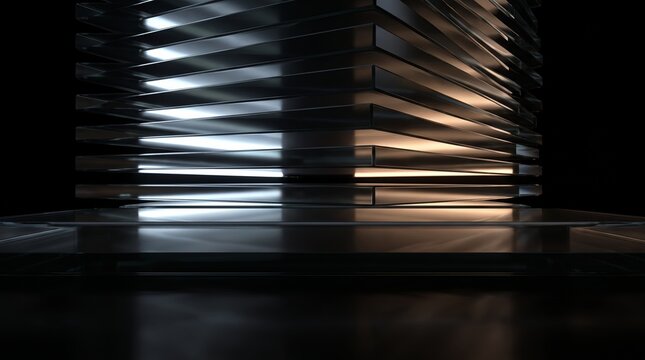 Wide 3D glass tower glowing along layered seams