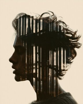 A human profile silhouette shows dark prison bars inside the head, symbolizing mental limitation and restriction in a muted color setting.