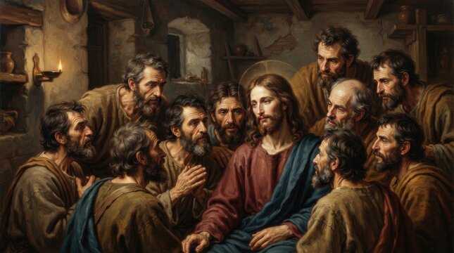 Jesus Christ with his disciples during the Last Supper in a rustic room