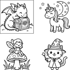 Naklejka premium Coloring page set featuring a cute dragon with a treasure chest, a unicorn with a crescent moon, a fairy on a mushroom, and a wizard cat
