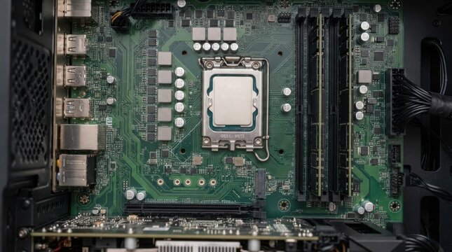 Computer motherboard with CPU socket and RAM slots inside a PC case