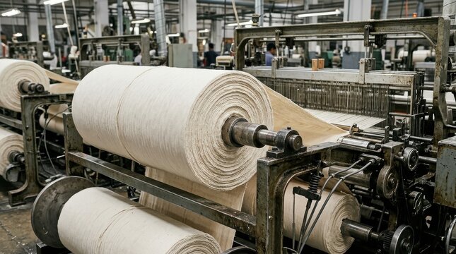 Industrial textile spinning machine processing cotton rolls in factory