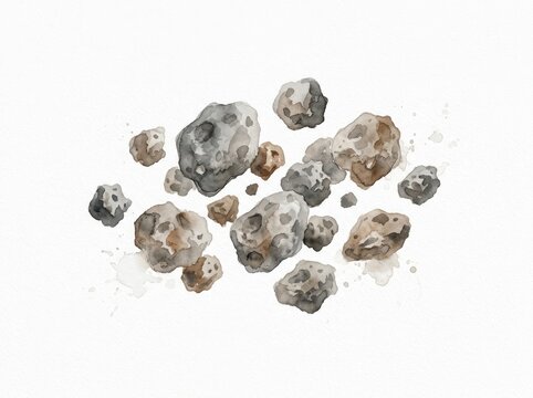 Asteroids watercolor illustration showing a collection of grey space rocks floating against a plain white background.