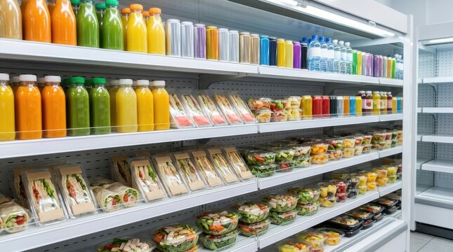 Supermarket refrigerated display shelves stocked with fresh food, drinks and sandwiches