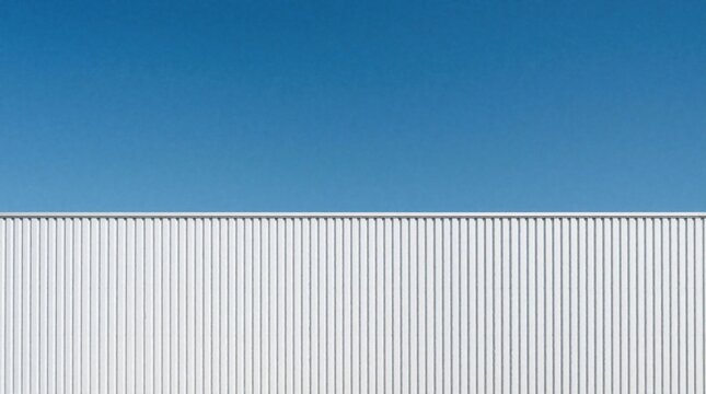 White corrugated metal wall meets bright blue sky. Minimalist geometric pattern offers clean architectural background for design or construction themes.
