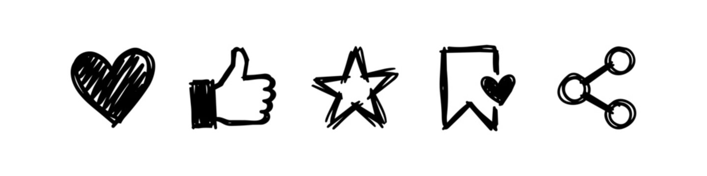 Hand-drawn doodle style social media icons including heart, thumbs up, star, bookmark, and share symbols in black ink on white background.