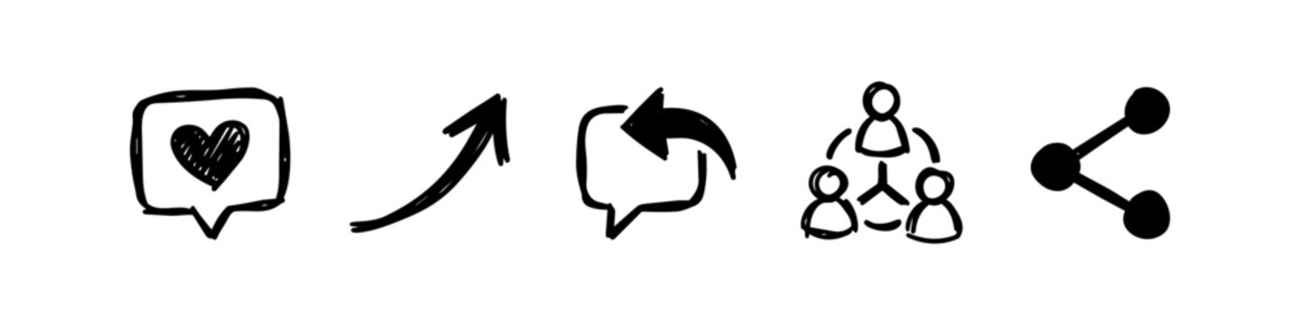 Set of hand-drawn social media icons featuring heart speech bubble, growth arrow, reply, community network, and share symbol. Sketchy black doodle style on white background for web design.