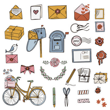 Cute hand drawn snail mail and pen pal icon collection with ladybug and flowers