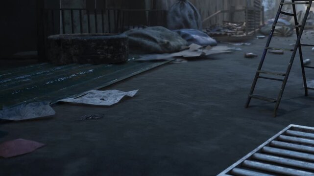 A space in an old warehouse shows dirty floors covered in papers and old items. Some materials are stacked on the side while a ladder stands nearby in shadow.