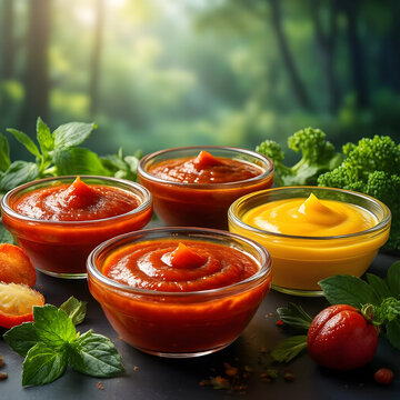 Variety of dipping sauces ketchup and mustard in glass bowls food condiments for meals and snacks fresh ingredients