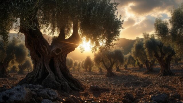 Majestic olive trees at sunset, sun rays through branches, dry landscape