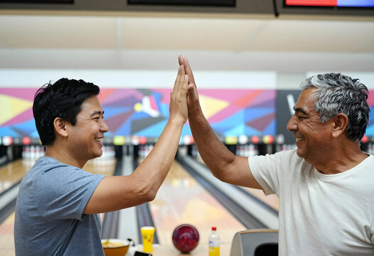 Teamwork and success in bowling, two diverse men giving a high five at the bowling alley, friendship and sports