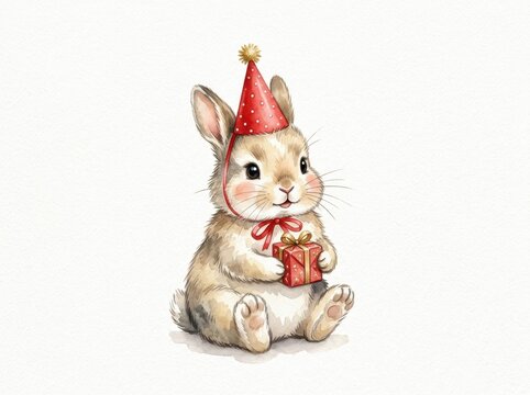 Cute bunny wearing a red party hat holds a small gift box in a lovely watercolor illustration style.