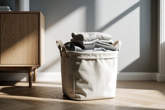 Fabric laundry basket filled with folded clothes in bright modern room. Soft sunlight hits textile hamper on wood floor near wooden cabinet. Minimalist home interior with clean storage solution for