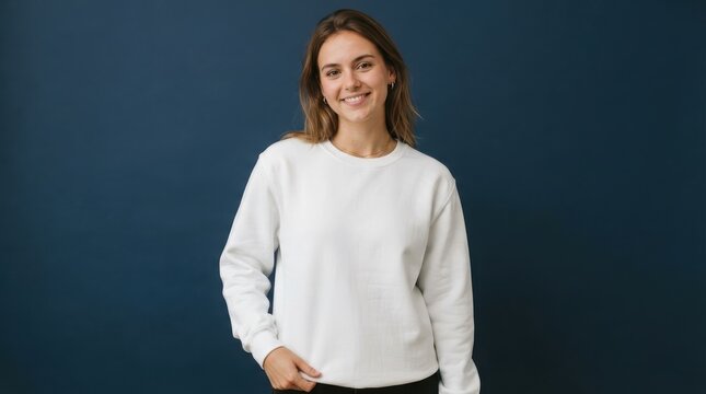 Young woman wearing a plain white sweatshirt