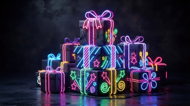 Stacked gift boxes with colorful neon light ribbons and festive decorations