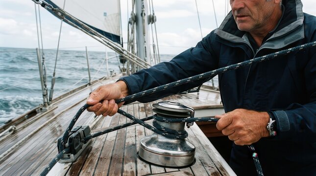 Sailor operating winch and rope on sailboat deck