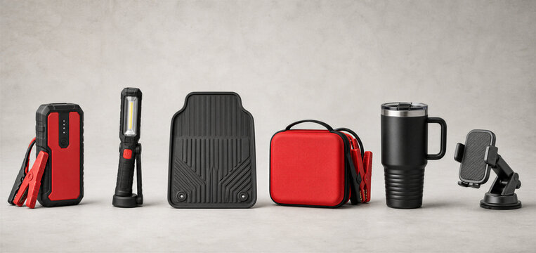 Automotive tools and accessories including jump starter, work light, floor mat, travel mug, and phone mount