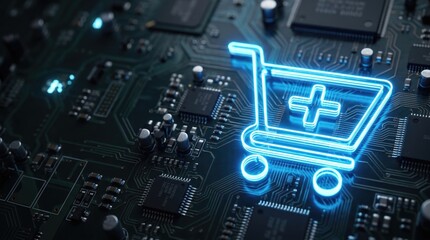 Fototapeta premium Neon shopping cart icon with add symbol on motherboard background for e-commerce and digital technology design