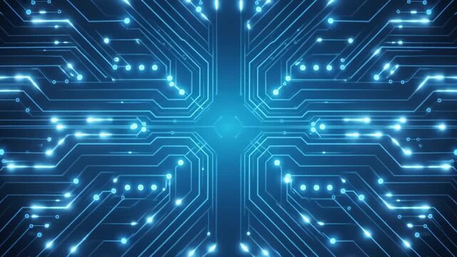 Abstract Blue Circuit Board Convergence and Digital Data Flow