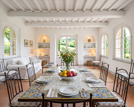 Elegant rustic dining room in a Tuscan countryside villa, featuring a large dining table set for a convivial Italian meal with ceramic tableware, fresh fruit and wildflowers. Wrought-iron chairs, trad