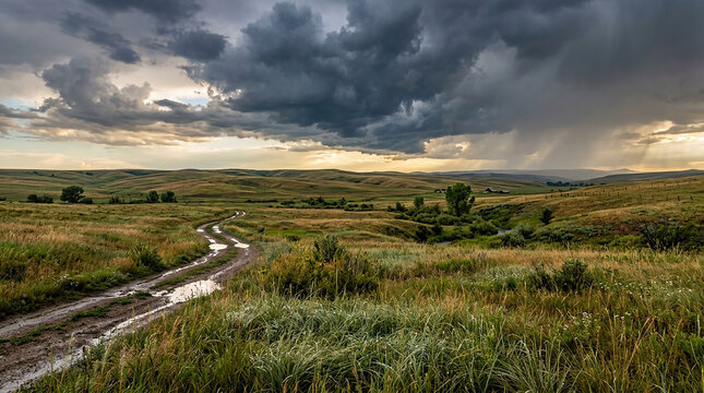 Storm clouds over rolling grassy hills and dirt road