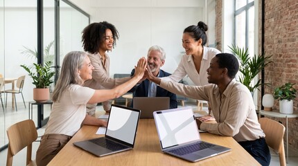 Fototapeta premium Diverse business team collaborating on laptops during creative strategy meeting in bright office