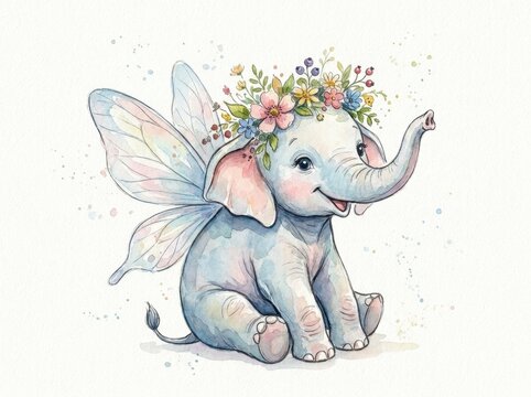 Elephant baby wearing a floral crown and fairy wings sits smiling on a white background.