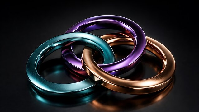 Three interlocking metallic metallic rings of metallic turquoise purple and copper colors placed on a sleek reflective dark surface for abstract business connection concepts